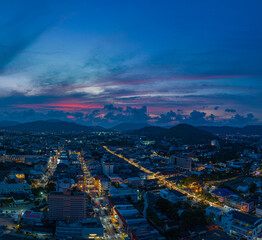 ..aerial view The lights twinkled along Talang walking street at night..Bright colors along the...