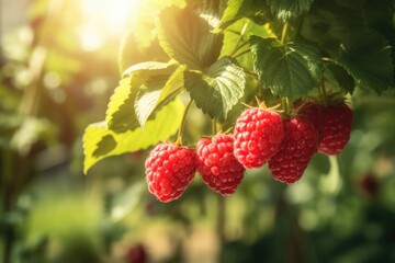 raspberry grow in the orchard garden in sunny day.