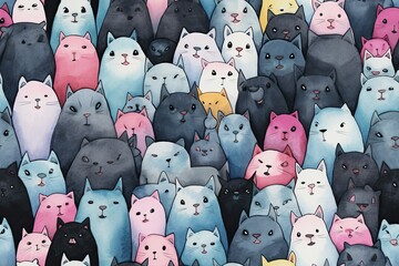 crowd of different colored cats - wattercolor illustration