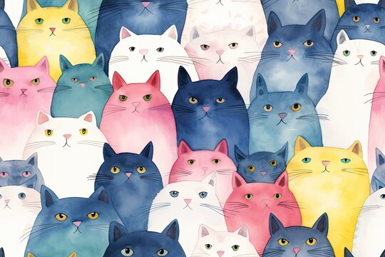Fototapeta crowd of different colored cats - wattercolor illustration