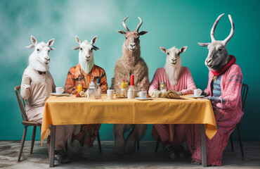 Funny abstract scene with diverse animal having a dinner or lunch. Animals as a human.