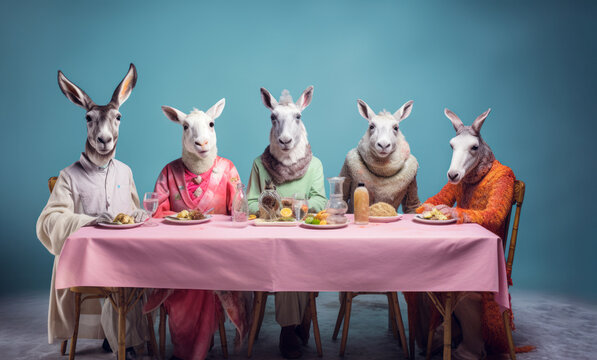 Cute fun composition with donkey, goat, deer sitting at the table and eating. An unusual creative idea.
