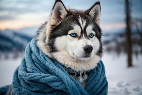 siberian husky dog in snow, Siberian husky dog in snow with shining blue eyes	