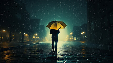 A person holding an umbrella in the rain