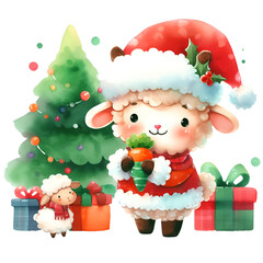  Christmas cute sheep wearing Santa suit with carrot watercolor holiday illustration isolated on white background, symbol winter, new year and Christmas, greeting card.