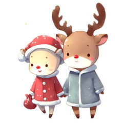 Watercolor Christmas,Valentine illustration of Cuople cute deer hold hand love and happy