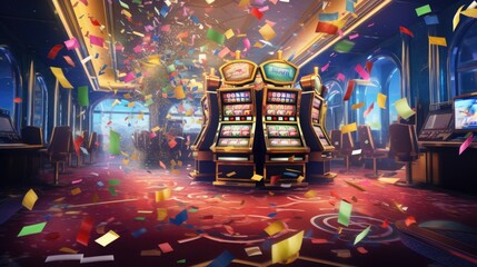 Jackpot confetti explosion in a carnival-themed casino - obrazy, fototapety, plakaty