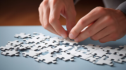Hands assembling puzzle pieces on a table