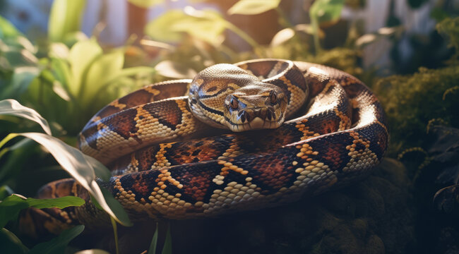 A ball python curled among foliage, displaying its patterned scales.