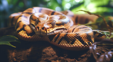 A ball python curled among foliage, displaying its patterned scales.