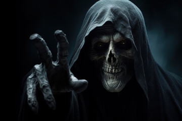 Fototapeta na wymiar Grim reaper reaching towards the camera over dark background with copy space