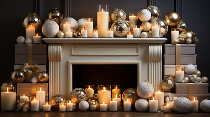 Christmas decorations and candles near a fireplace