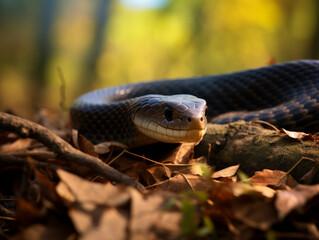 Fototapeta premium The ominous presence of a black mamba, hidden among leaves in its natural habitat.