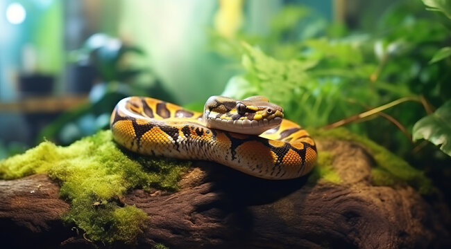 A ball python curled among foliage, displaying its patterned scales.