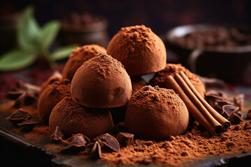 Homemade chocolate truffles with cocoa powder. Closeup view. Tasty sweet chocolate truffles