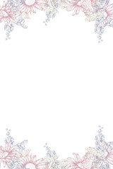 Botanical vector border at the top and bottom with a border for decorating text, wedding invitations, greetings, postcards, design. Flower frame in a simple linear graphic style with multicolored wild