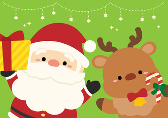 かわいいサンタクロースとトナカイ、背景黄緑色