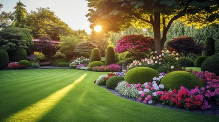 Foto auf Acrylglas Landscape design with flower beds in home garden, beautiful landscaping in residential house backyard. Scenic view of beautiful landscaped garden, scenery of luxury backyard in summer © Boraryn