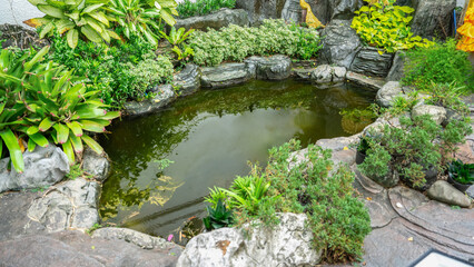 Picture of a dug well with clear, still flowing water There is a reflection of the sky above. There are beautifully decorated rocks all around. There are small shrubs planted neatly among the rock 