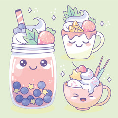 cute kawaii boba coffee with cream in a glass jar