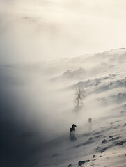 A man riding a horse in a foggy and snowy landscape,created with Generative AI tecnology.
