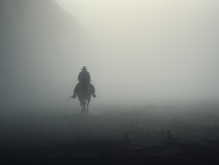 A man riding a horse in a foggy and snowy landscape,created with Generative AI tecnology.