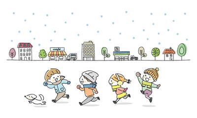 冬に町を走る子供たち