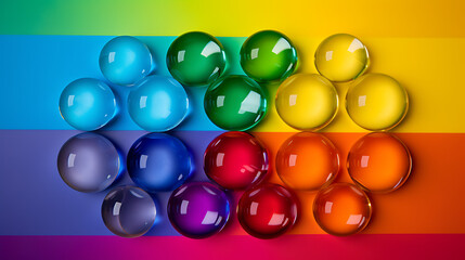 Water droplets against a rainbow background