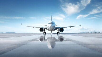 Airplane standing on a clear runway with a clear blue sky. Modern aircraft taxiing on a bright summer day. Jet Airliner preparing for a fligh. Picture of a parked passenger plane. Travel Concept.