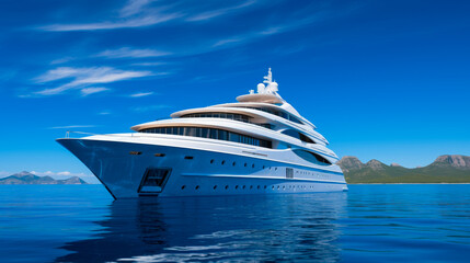 A luxury private white motor yacht under way on tropical sea.