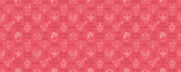 Valentines Day doodle style seamless pattern, hand-drawn love theme icons background. Romantic mood cute symbols and elements collection.