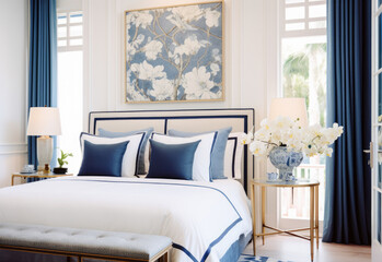 Timeless elegance meets modern vibes in a blue and white bedroom with traditional Asian motifs. Indigo and brown hues create a blend of vintage and contemporary artistry.