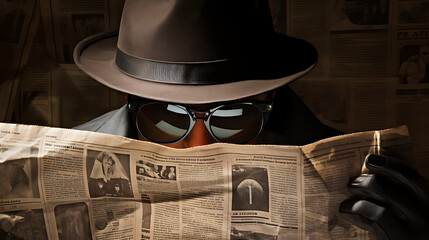 A mysterious spy with sunglasses looking behind his newspaper