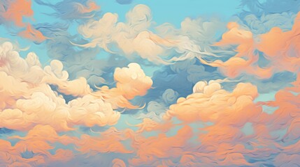 Fototapeta na wymiar Beautiful sunset sky with orange clouds, illustration. Painting of yellow clouds on a bright summer day. Vector illustration of the summer skies. Seamless pattern of sunset clouds..