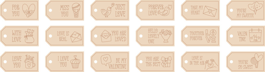 Valentines Day printable tags template in doodle style, hand-drawn love theme icons and quotes. Romantic mood, cute symbols and elements collection.