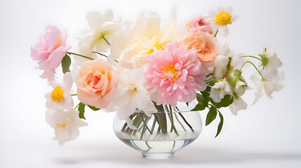 A delicate crystal vase with a bouquet of pastel-colored flowers on a solid white background.