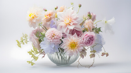 A delicate crystal vase with a bouquet of pastel-colored flowers on a solid white background.