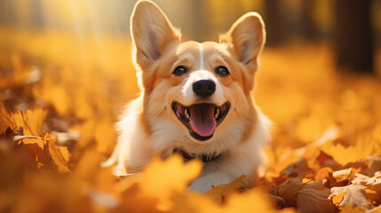 Happy Corgi dog on Autumn nature background