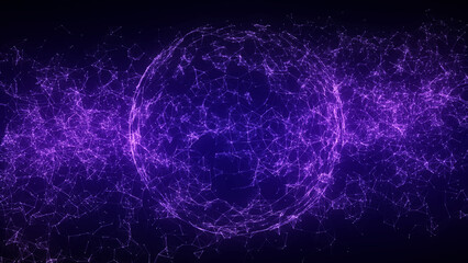 Futuristic sci-fi sphere in space with waves around. Technology circle a network connection big data. Digital ai background with particles. 3D wireframe geometric sphere. 3D rendering. - obrazy, fototapety, plakaty