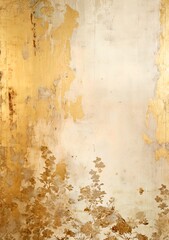 Fototapeta premium Old, gold floral texture with flowers. Luxury golden and pale brown wall, decayed, weathered, ancient, old vintage with delicate blooms. Luxury card for invitation, celebration, greetings.