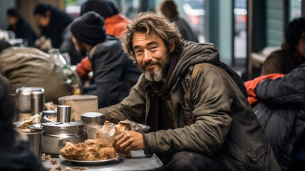 A happy homeless person is sitting at a table and eating in the shelter's dining room, surrounded by other homeless people. He looks to the future with hope and positivity. Close-up.