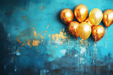 Obraz na płótnie Canvas Holiday background with golden and blue metallic balloons, confetti and ribbons. Festive card for birthday party, anniversary, new year, christmas or other events. 