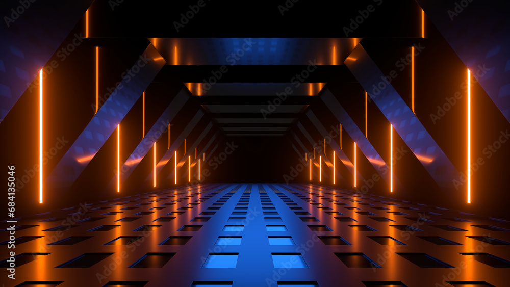 Poster sci fi neon glowing lines in a dark tunnel. reflections on the floor and ceiling. 3d rendering image