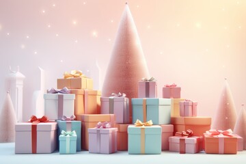 Christmas background with fir tree and gifts in soft pastel colors.