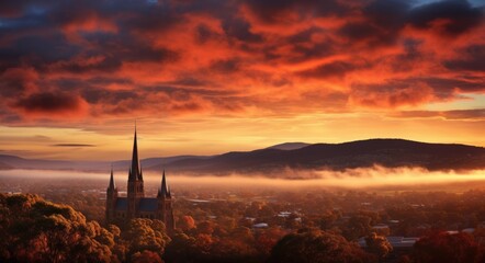 Helena City Skyline: Stunning Sunrise Landscape with Blue Sky and Dramatic Cloud View over the Cathedral - obrazy, fototapety, plakaty