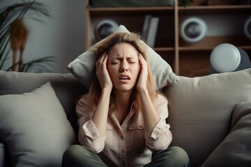 Loud Neighbors Driving Me Crazy! - Unhappy Woman Suffering from Headache Covering Ears with Pillows Due to Bad Music and Noisy Neighbors at Home