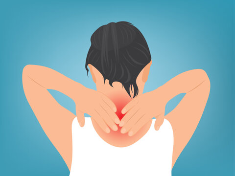 Young woman has pain in the nape of the neck, health problems, osteomyelitis or muscle inflammation.Vector illustration.
