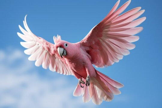 Pink Cockatoo in Flight: A Majestic Bird Soaring Through the Blue Skies with its Elegant Wings outstretched in Freedom