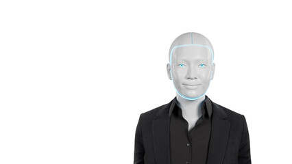 Cyborg in the studio. feMale robot in black business suit. Concept of robotization, the replacement of human labor. Robots occupy jobs. Realistic cyborg face, Modern illustration