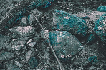 large rock surrounding a stream. stone in a forest. stone covered with blue moss. rocky environment. big stones in nature in black and white